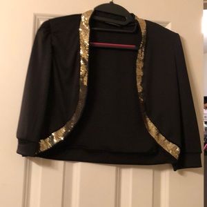 Black bolero with gold sequin trim